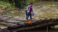 Jembatan darurat berbahan kayu dan bambu tersebut menjadi jembatan sementara untuk aktivitas warga Desa Murung B dan Desa Patikalain.