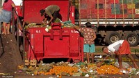 Orang-orang mengumpulkan buah-buahan dan sayuran yang dibuang oleh pedagang kaki lima di Belem, negara bagian Para, Brasil.  