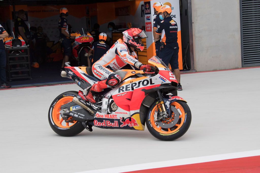 ALCANIZ, SPAIN - SEPTEMBER 11: Marc Marquez of Spain and Repsol Honda Team starts from box during the MotoGP of Aragon - Qualifying  at Motorland Aragon Circuit on September 11, 2021 in Alcaniz, Spain. (Photo by Mirco Lazzari gp/Getty Images)