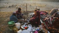 Anggota suku nomaden Gujjar beristirahat di sebuah tanah lapang yang tidak jauh dari jalan tol di negara bagian Jammu, India (9/11/2021). Suku ini nomaden di perbatasan India, Pakistan dan Afghanistan.