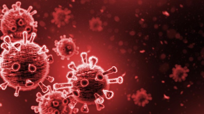 Virus In Red Background - Microbiology And Virology Concept