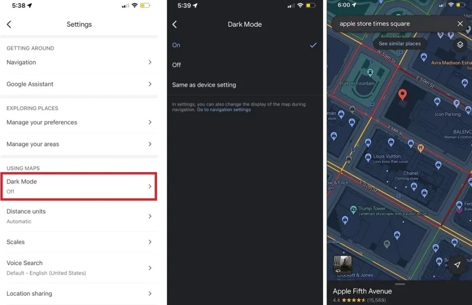 Fitur mode gelap di Google Maps iOS
