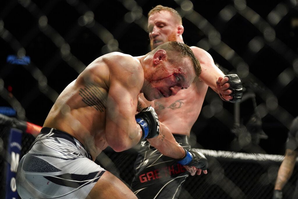 Justin Gaethje Justin Gaethje before fighting Michael Chandler during a lightweight mixed martial arts bout at UFC 268, Saturday, Oct. 6, 2021, in New York. (AP Photo/Corey Sipkin)