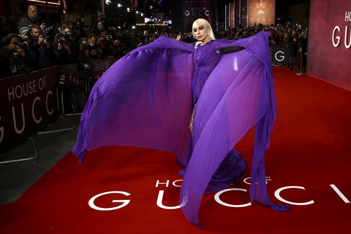 Lady Gaga poses for photographers upon arrival at the World premiere of the film House of Gucci in London Tuesday, Nov. 9, 2021. (Photo by Vianney Le Caer/Invision/AP)