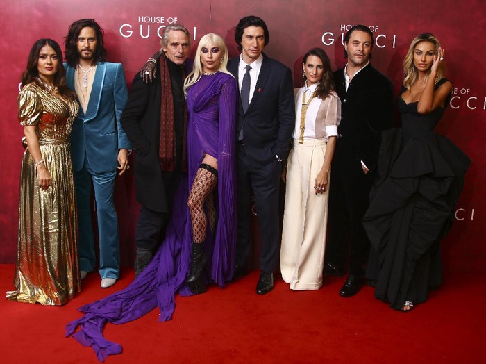 Lady Gaga, from right, Adam Driver, Jared Leto and Salma Hayek pose for photographers upon arrival at the World premiere of the film House of Gucci in London Tuesday, Nov. 9, 2021. (Photo by Vianney Le Caer/Invision/AP)