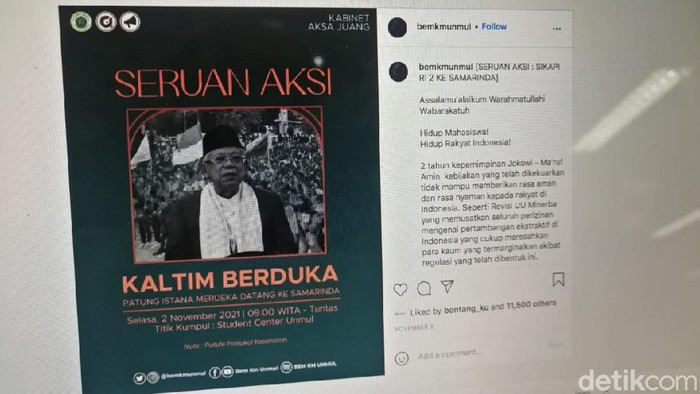 Postingan seruan aksi BEM Unmul terkait kedatangan Wapres Maruf Amin ke Samarinda pada Selasa (2/11). Postingan tersebut dilaporkan ke polisi karena dinilai memuat pencemaran nama baik (dok detikcom)