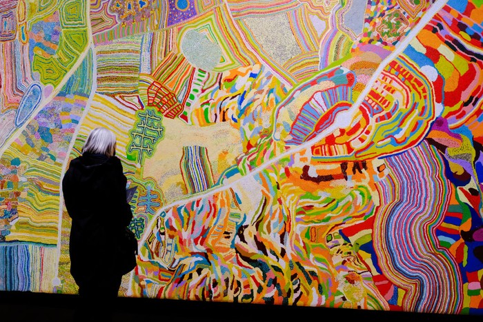 PLYMOUTH, ENGLAND - NOVEMBER 10: A general view of Songlines: Tracking the Seven Sisters at The Box, the world's largest exhibition of Aboriginal Australian art on display in Plymouth until 27 February 2022 on November 10, 2021 in Plymouth, England. (Photo by Matt Keeble/Getty Images for The Box )