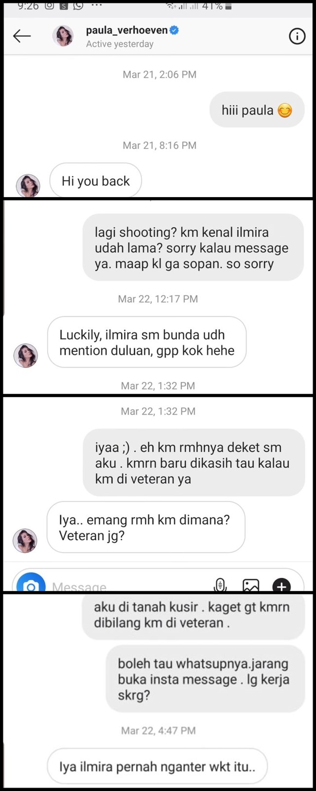 Baim Wong rupanya pertama kali mulai mendekati sang istri melalui DM Instagram. Awalnya Baim terlihat basa-basi menanyakan kedekatan Paula dengan wanita bernama Ilmira. Walaupun balasan Paula saat itu terlihat singkat, namun Baim pantang menyerah. Terbukti, sekarang keduanya telah menjadi pasangan suami-istri. Foto: YouTube/Baim Paula