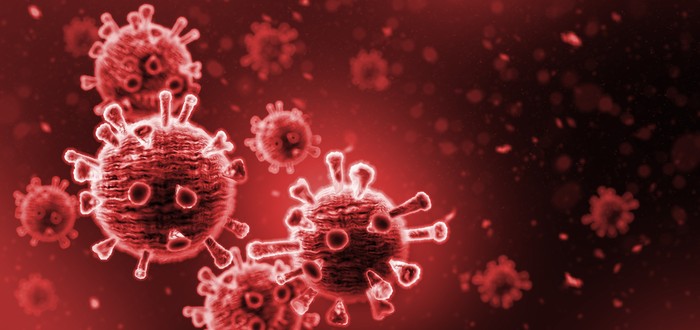 Virus In Red Background - Microbiology And Virology Concept
