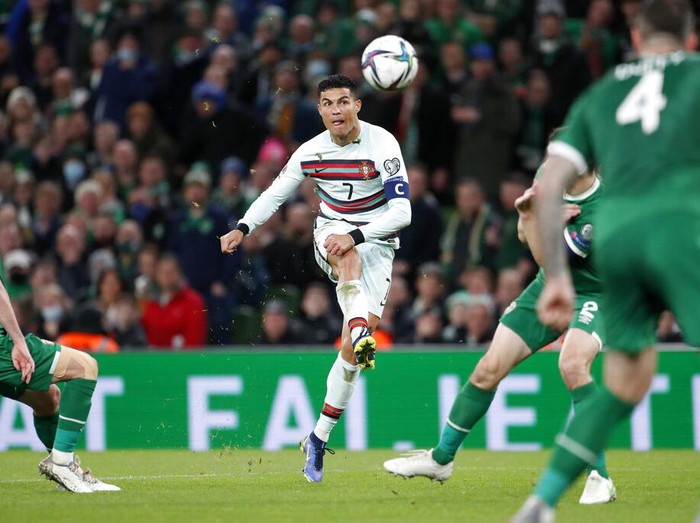 Portugal's Cristiano Ronaldo reacts after a missed chance to score during the World Cup 2022 group A qualifying soccer match between the Republic of Ireland and Portugal at the Aviva stadium in Dublin, Thursday, Nov. 11, 2021. (AP Photo/Peter Morrison)