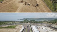 Foto kolase perbandingan bentuk tikungan sirkuit saat pengerjaan galian tanah badan Jalan Kawasan Khusus (JKK) sirkuit pada 10 Oktober 2019 (atas) dan foto udara suasana tikungan ke 15 dan 16 Pertamina Mandalika International Street Circuit, KEK Mandalika, Kecamatan Pujut, Praya, Lombok Tengah, NTB, Selasa (9/11/2021). ANTARA FOTO/AHMAD SUBAIDI