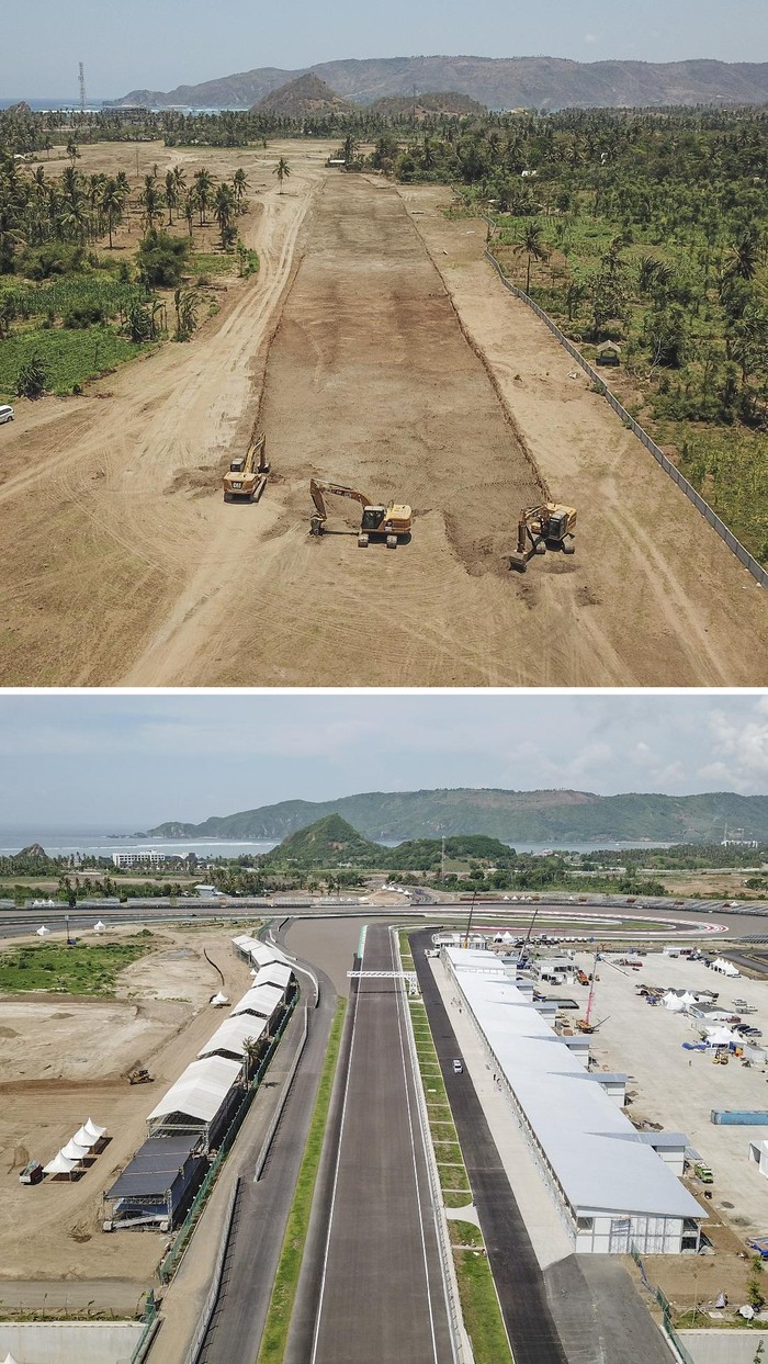 KESIAPAN SIRKUIT MANDALIKA JELANG WSBK 2021 Foto kolase perbandingan bentuk tikungan sirkuit saat pengerjaan galian tanah badan Jalan Kawasan Khusus (JKK) sirkuit pada 10 Oktober 2019 (atas) dan foto udara suasana tikungan ke 15 dan 16 Pertamina Mandalika International Street Circuit, KEK Mandalika, Kecamatan Pujut, Praya, Lombok Tengah, NTB, Selasa (9/11/2021). ITDC dan Mandalika Grand Prix Association mengebut pengerjaan fasilitas pendukung Pertamina Mandalika International Street Circuit untuk ajang balap World Superbike dan hingga Senin (8/11) kesiapan sirkuit jalan raya sepanjang 4,3 km itu telah mencapai 98 persen. ANTARA FOTO/Ahmad Subaidi/foc.