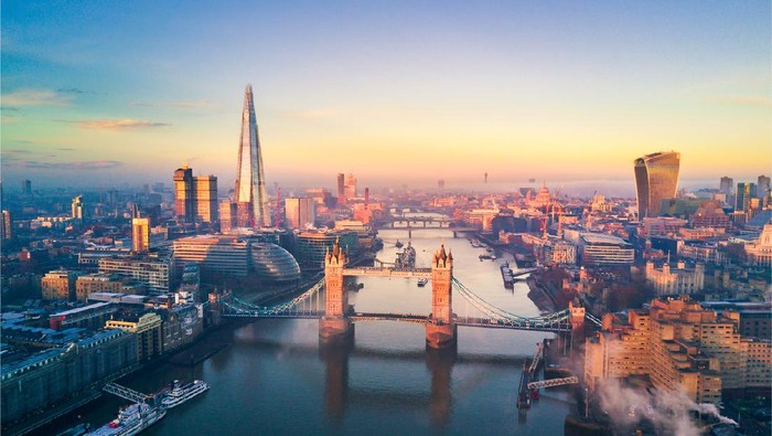 Aerial view of London and the Tower Bridge, England, United Kingdom
