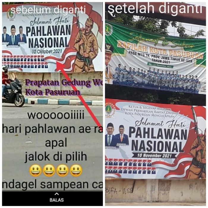 DPRD Kota Pasuruan mengakui sempat memasang baliho ucapan Selamat Hari Pahlawan Nasional 10 Oktober 2021. Kesalahan penulisan Oktober itu di luar dugaan pihaknya.