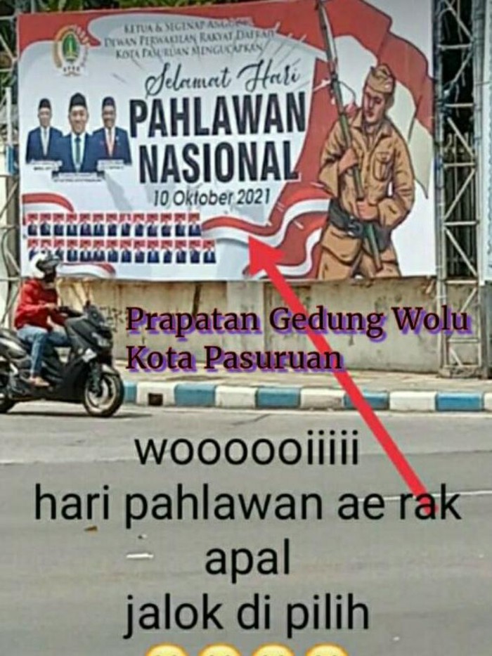 Beredar foto baliho yang dipasang DPRD Kota Pasuruan. Dalam baliho ucapan Selamat Hari Pahlawan Nasional itu, ada kesalahan penulisan hingga membuat netizen ngakak.