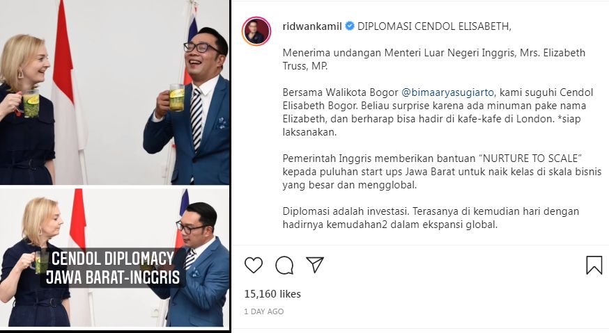 Ridwan Kamil Suguhi Es Cendol untuk Menlu Inggris. Es Cendol Elizabeth Jadi Media Diplomasi Jawa Barat-Inggris.