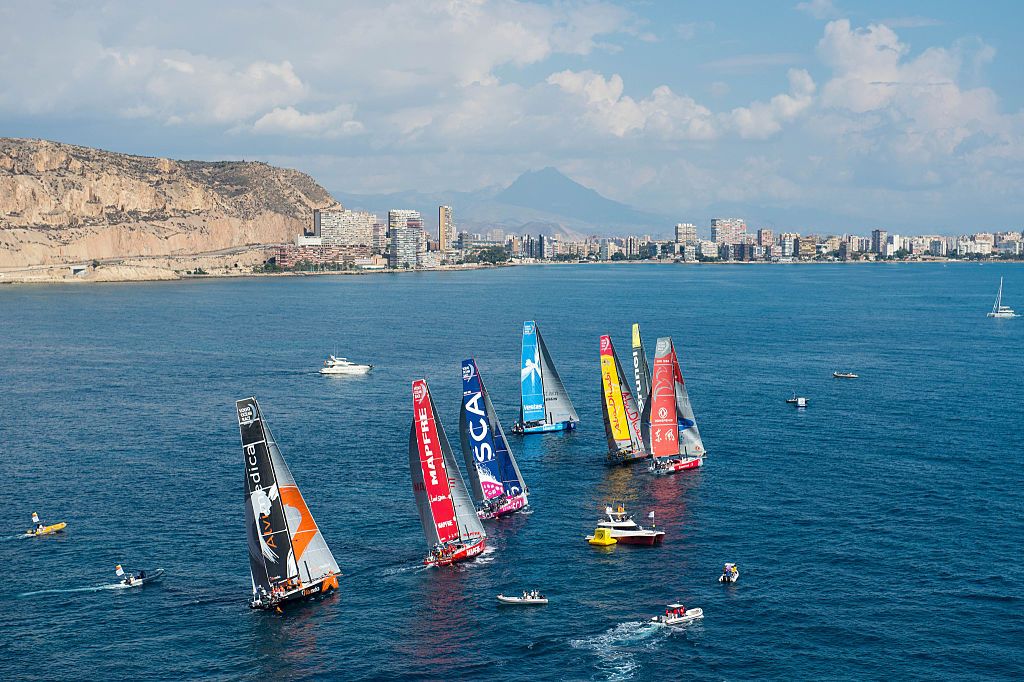 ALICANTE, SPAIN - OCTOBER 03: In this handout image provided by the Volvo Ocean Race, the fleet lines up for the Practice Race ahead of the In-Port race on October 4, 2014 in Alicante, Spain. The Volvo Ocean Race 2014-15 is the 12th running of this ocean marathon. Starting from Alicante in Spain on October 4, 2014, the route, spanning some 39,379 nautical miles, visits 10 ports in 10 countries (Spain, South Africa, United Arab Emirates, China, New Zealand, Brazil, United States, Portugal, France and Sweden) over nine months. The Volvo Ocean Race is the world's premier ocean race for professional racing crews. (