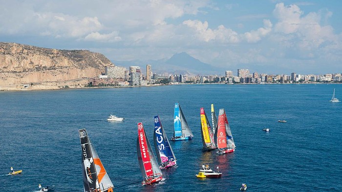ALICANTE, SPAIN - OCTOBER 03: In this handout image provided by the Volvo Ocean Race, the fleet lines up for the Practice Race ahead of the In-Port race on October 4, 2014 in Alicante, Spain. The Volvo Ocean Race 2014-15 is the 12th running of this ocean marathon. Starting from Alicante in Spain on October 4, 2014, the route, spanning some 39,379 nautical miles, visits 10 ports in 10 countries (Spain, South Africa, United Arab Emirates, China, New Zealand, Brazil, United States, Portugal, France and Sweden) over nine months. The Volvo Ocean Race is the worlds premier ocean race for professional racing crews. (