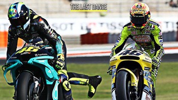 Meme kolase Rossi melakukan wheelie, hari ini dan 25 tahun lalu. The Last Dance menjadi trending topic dengan 16 ribu tweet. Foto: (Twitter)