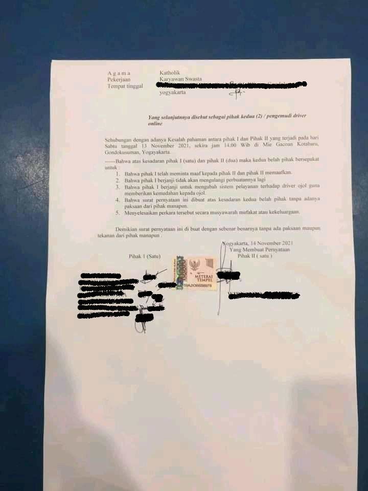 Surat kesepakatan damai karyawan Mie Gacoan dan driver ojol di Yogyakarta, Minggu (14/11/2021).