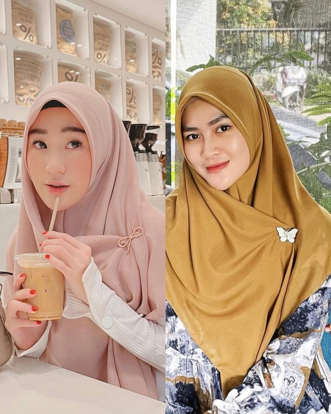 Larissa Chou dan Henny Rahman tampil simpel dan feminin dengan hijab segi empat dilengkapi dengan brooch. Larissa menambahkan brooch bentuk pita. Henny memakai brooch kupu-kupu, yang disematkan di bawah bahu. Foto: Dok. Instagram @larissachou & @hennyyrahman.