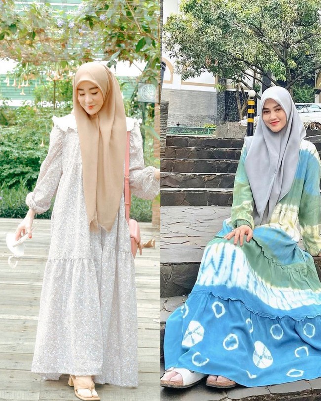 Gaya hijab keduanya kerap menjadi inspirasi bagi hijabers Tanah Air. Seperti di foto ini, Larissa Chou membentuk hijab segi empat dengan membiarkan hijabnya ke depan. Dan Henny tampil dengan hijab segi empat yang dipadu dengan dress motif tie die.  Foto: Dok. Instagram @larissachou & @hennyyrahman.