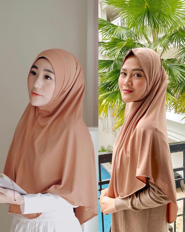 Bergo non pet juga kerap jadi pilihan gaya hijab Larissa Chou dan Henny Rahman. Larissa dan Henny tampak memakai bergo non pet warna mocca. Larrisa memadukan dengan dress putih, sedangkan Henny dengan atasan warna cokelat. Foto: Dok. Instagram @larissachou & @hennyyrahman.