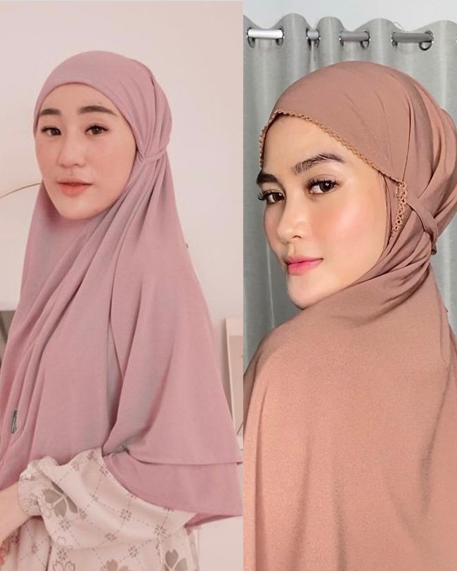 Selain sama-sama memakai bergo non pet. Larissa Chou dan Henny Rahman juga pernah mengunggah foto ketika memakai bergo tali. Larissa memakai hijab bergo tali model dua layer di bawahnya. Tak jauh berbeda dengan Larissa, Henny memakai hijab bergo dengan pinggiran crochet. Foto: Dok. Instagram @larissachou & @hennyyrahman.