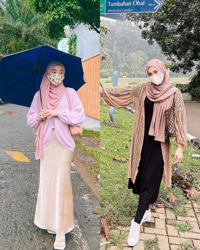 Pada masa pandemi, masker wajib digunakan saat hendak keluar rumah. Seperti gaya Larissa Chou dan Henny Rahman yang berfoto OOTD dengan tetap menggunakan masker. Larissa menggunakan masker kain motif dipadu dengan hijab pashmina warna pastel pink. Tak jauh berbeda dengan Larissa, Henny menggunakan masker medis putih dipadu dengan hijab pashmina polos warna mocca. Foto: Dok. Instagram @larissachou & @hennyyrahman.