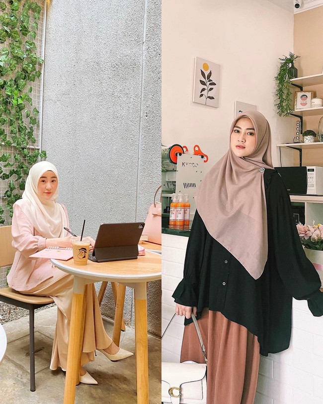 Ketika sedang hangout, Larissa Chou tampil dengan gaya hijab pashmina yang disampirkan ke sebelah kiri dengan model menutupi dada, dipadu dengan dress. Henny tampil simpel dengan hijab segi empat yang ia bentuk syari ditambah aksesori brooch di bahu dan atasan oversized hitam serta rok cokelat. Foto: Dok. Instagram @larissachou & @hennyyrahman.