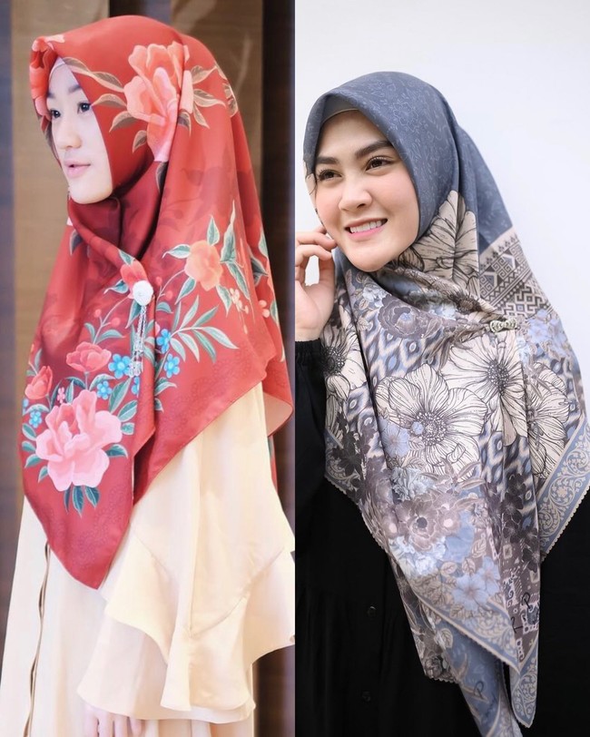 Saat mengenakan hijab motif, Larissa Chou tampil dengan hijab motif bunga warna merah. Henny Rahman mengenakan hijab yang motif bunga terletak dipinggiran hijab dan membentuk hijabnya menjadi syari menutupi bagian dada. Foto: Dok. Instagram @larissachou & @hennyyrahman.