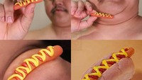 Lezatnya hotdog sangat mudah membuat tergiur. Tetapi hotdog yang satu ini tak bisa dimakan. Punya dagu yang tebal mirip roti, netizen ini buat dagunya seolah-olah menjadi hotdog. Foto: Instagram/lowcostcosplayth