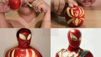 Gaya keren Spiderman membuat karakter ini dikenal sebagai superhero dari masa ke masa. Gunakan sebuah apel yang diukir, netizen ini berandai-andai menjadi Spiderman. Foto: Instagram/lowcostcosplayth
