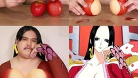 Kartun anime berjudul One Piece begitu fenomenal. Terpikat dengan seksinya tokoh Bora dalam One Piece, netizen ini gunakan dua buah apel untuk bergaya menyerupai karakter Bora. Foto: Instagram/lowcostcosplayth