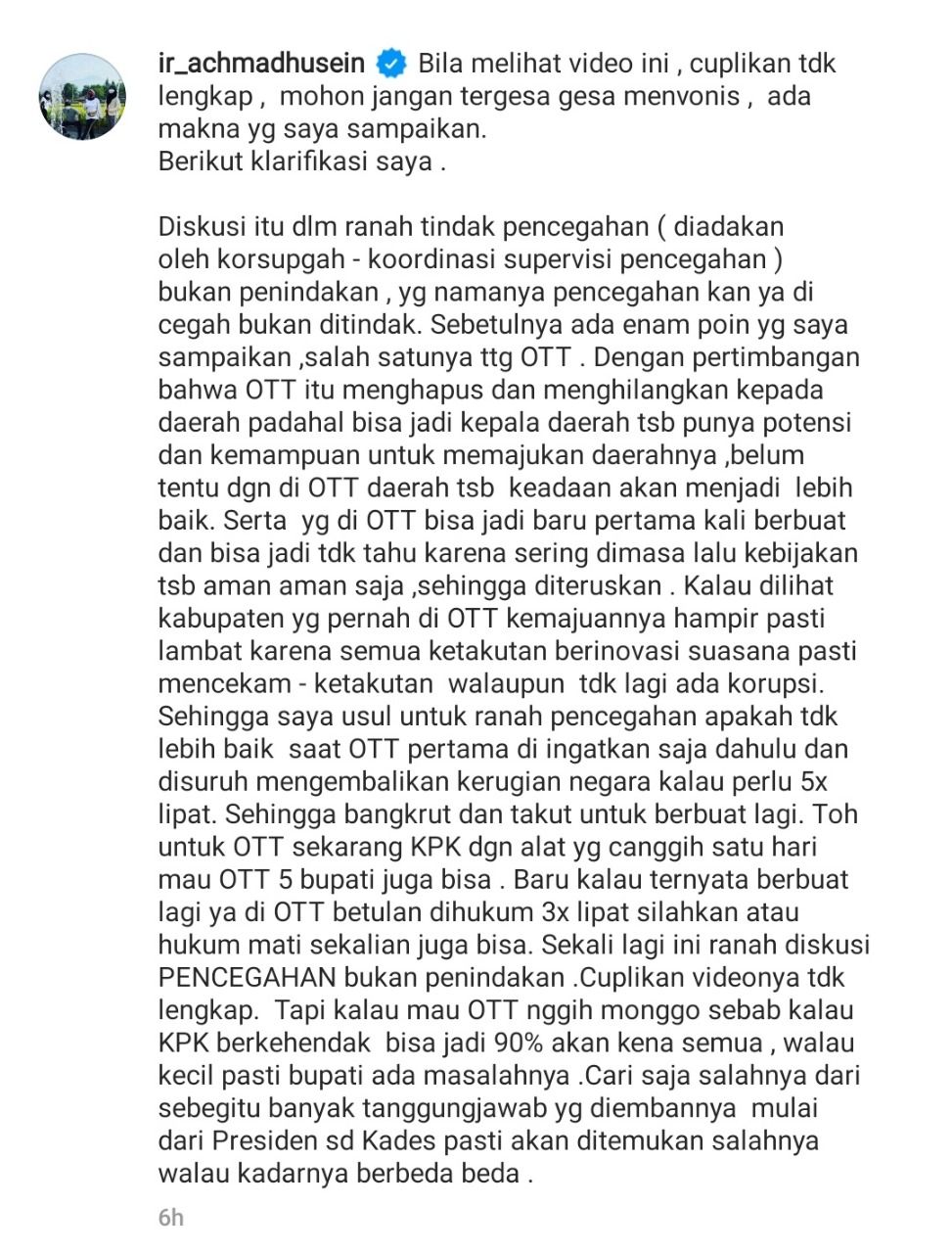 Klarifikasi Bupati Banyumas Achmad Husein soal 'panggil dulu sebelum OTT' di akun Instagramnya.