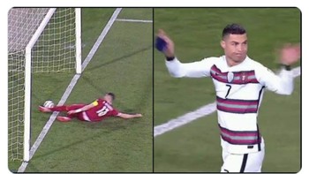 Tampaknya kesialan Ronaldo saat golnya dianulir di pertemuan pertama lawan Serbia terus berlanjut hingga saat ini. Foto: Twitter