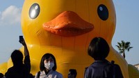 Tak butuh waktu lama, bebek karet berukuran jumbo itu langsung jadi pusat perhatian warga di kawasan Osaka.