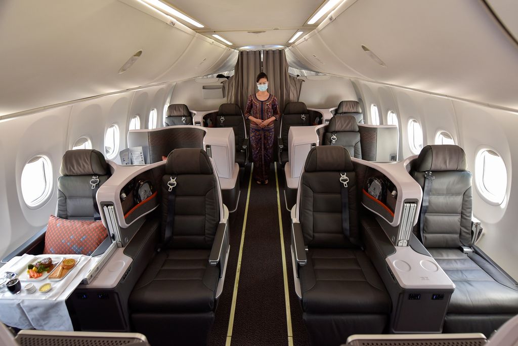 A view of the Business Class cabin during Singapore Airlines' media preview of their new Boeing 737-8 cabin products, at Changi Airport in Singapore November 16, 2021. REUTERS/Caroline Chia