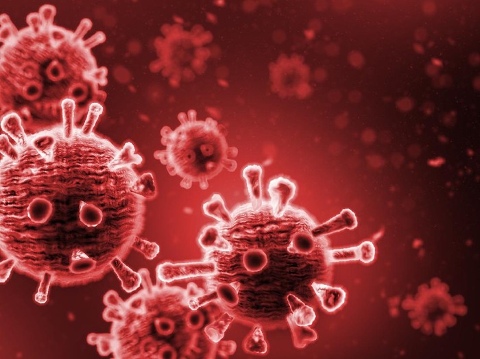Virus In Red Background - Microbiology And Virology Concept