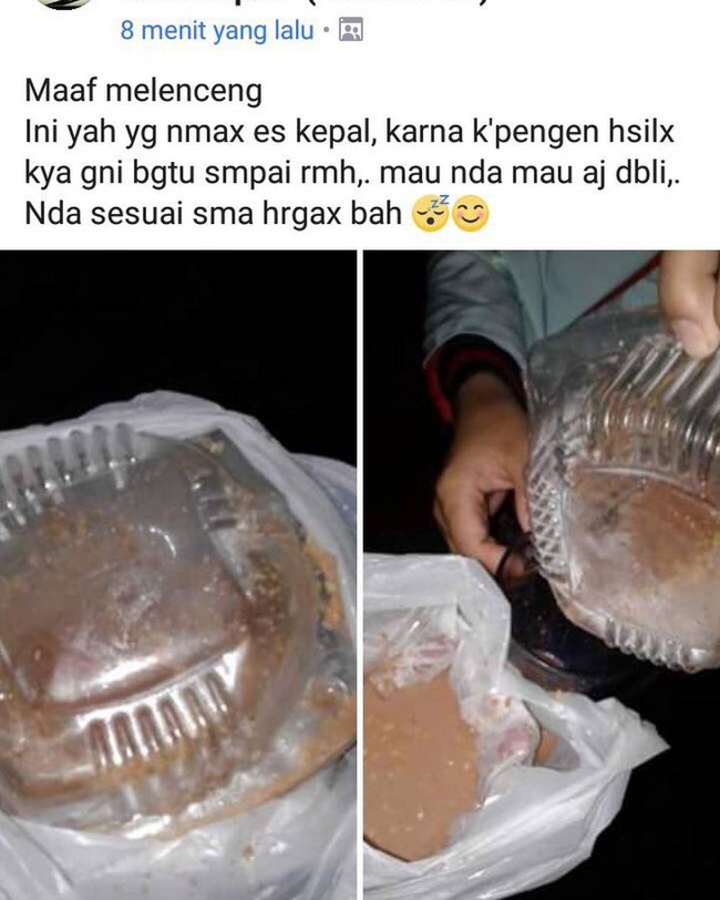 Es kepal versi cair akibat kelamaan di jalan. Niat mau makan es kepal eh malah jadi seperti minum susu coklat. Foto: Facebook
