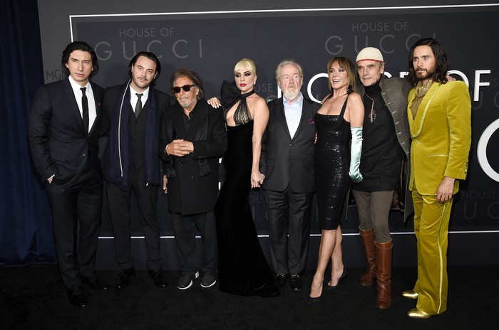 Adam Driver, left, Jack Huston, Al Pacino, Lady Gaga, Ridley Scott, Giannina Facio, Jeremy Irons and Jared Leto attend the premiere of 