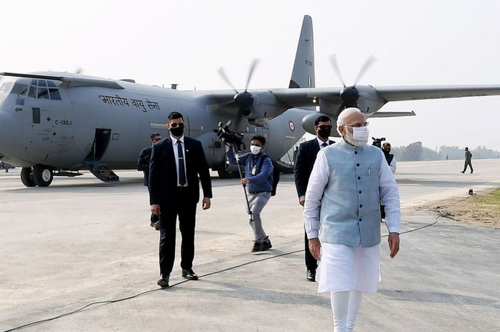 Mr Narendra Modi (front) after landing in a Hercules aircraft at the new Purvanchal Expressway in Sultanpur district in Uttar Pradesh state, on Nov 16, 2021.PHOTO: AFP