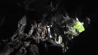 Warga berdiri dan melihat di mulut Gua Mat Ali, Desa Mersip, Lanskap Bukit Bulan, Limun, Sarolangun, Jambi. Dari ratusan gua tersebut sebagian besarnya berfungsi sebagai sumber air.