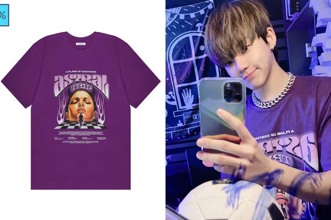 Hyunsuk TREASURE membagikan mirror selfie untuk memamerkan potongan rambut barunya. Namun, fans dibuat salah fokus dengan kaus ungu keluaran brand lokal yang dikenakan sang main rapper. Foto: dok MRJN, dok Twitter treasuremembers,