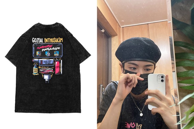 Seperti Hyunsuk TREASURE, Jaehyuk juga memakai kaus pemberian fans asal Indonesia. Sang vokalis memakai kaus hitam ‘Washed PlayGame’ keluaran Gozeal. Foto: dok Gozeal, dok Weverse TREASURE,