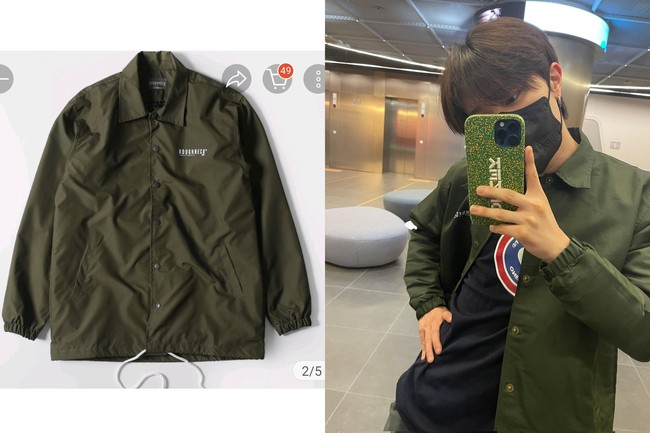 Personel TREASURE lainnya, Yedam juga menghebohkan fans saat membagikan mirror selfie. Ia memakai ‘CJ122 Army Coma of Euphoria Coach Jacket’ keluaran Roughneck yang sudah terjual habis. Foto: dok Roughneck, dok Weverse TREASURE,