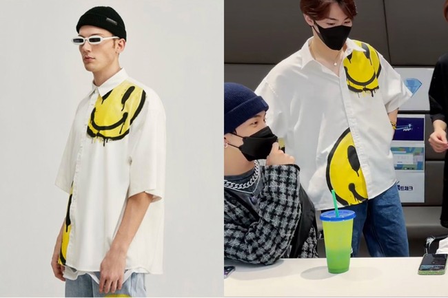Lagi-lagi, member TREASURE kedapatan memakai baju keluaran brand lokal. Saat mengadakan siaran langsung, Doyoung menggunakan kemeja putih dengan motif smile keluaran Onpoint Streetwear. Foto: dok Onpoint Streetwear, dok VLIVE TREASURE,