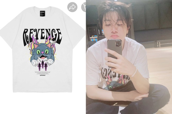 Junghwan TREASURE memakai kaus putih keluaran brand DOPEMILES saat latihan dance. Kaus dengan sablon bergambar kucing ini sedang diskon di marketplace. Tertarik kembaran dengan Junghwan? Foto: dok Dopemiles, dok Twitter treasuremembers,