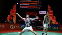Di game pertama, Kevin/Marcus mendapat perlawanan cukup alot dari Pramuda/Yeremia. Minions merebut game ini dengan 22-20. Foto: Dok. Humas PP PBSI