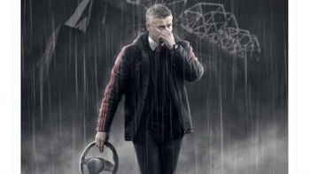 Tampak di sini Ole digambarkan membawa setir kemudi bersamanya seiring pemecatan dari MU. Foto: Twitter